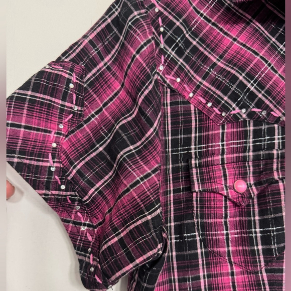 Panhandle Slim Pink Black Plaid Western Shirt Women’s Small Short Sleeve Snap - Picture 3 of 12